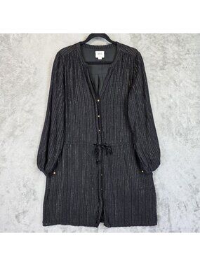 Swildens Shirt Dress Womens 38 Black Striped V Neck Long Sleeve Drawstring Waist